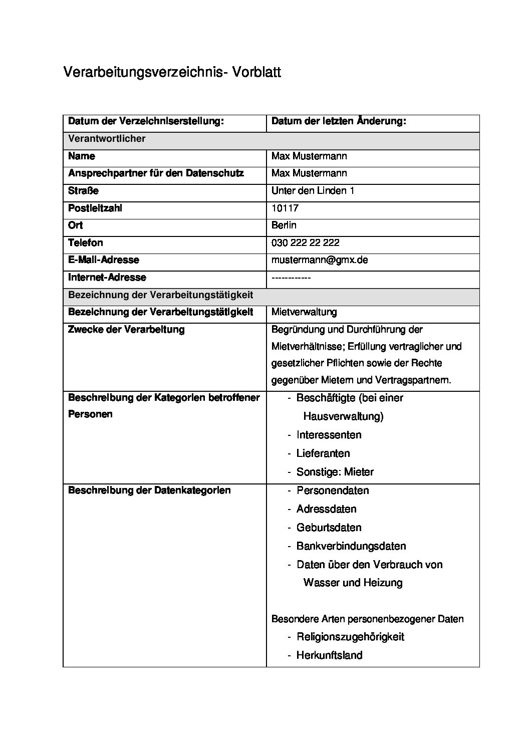 Datenschutzverordnung Verarbeitsverzeichnis Anlage 2018 Haus