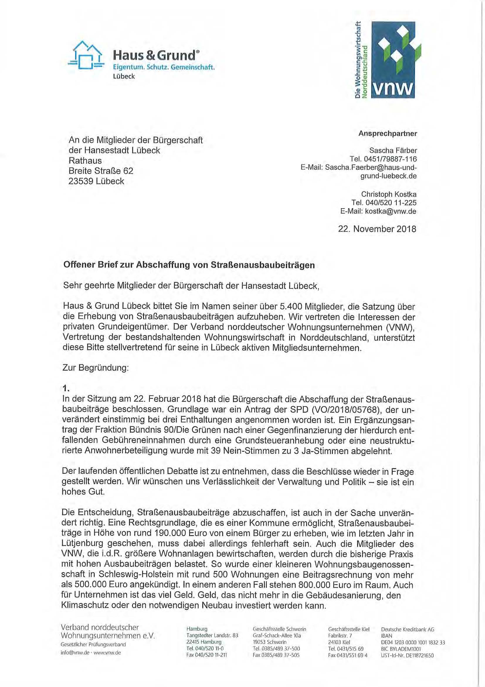Offener Brief Von Haus Grund Und Vnw An Die Lübecker Bürgerschaft